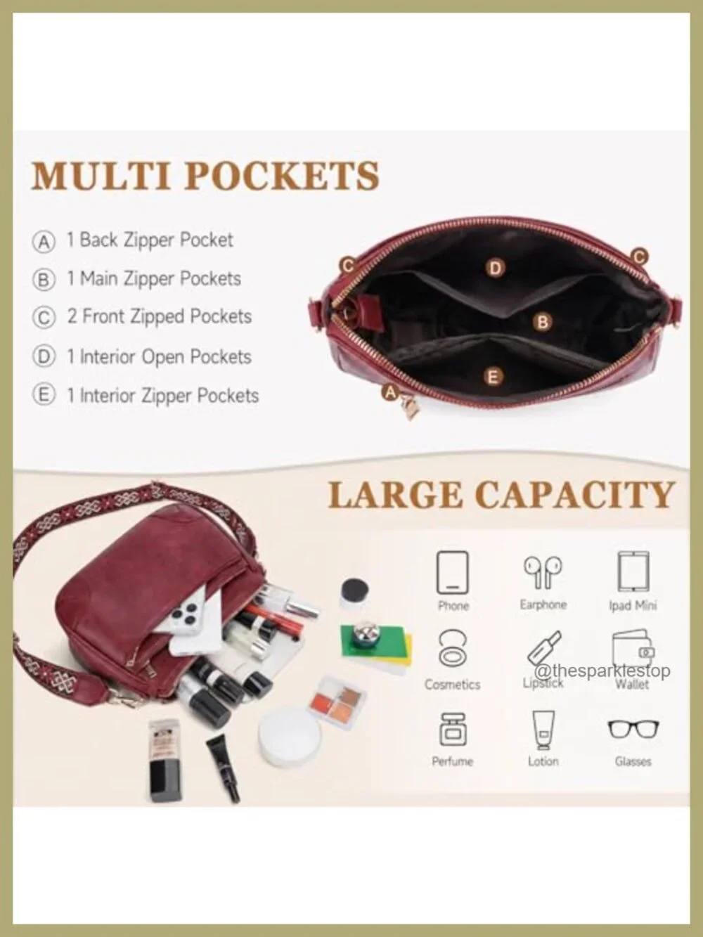 Women's Vegan Leather Crossbody Hobo Purse with Boho Strap - Picture 3 of 6